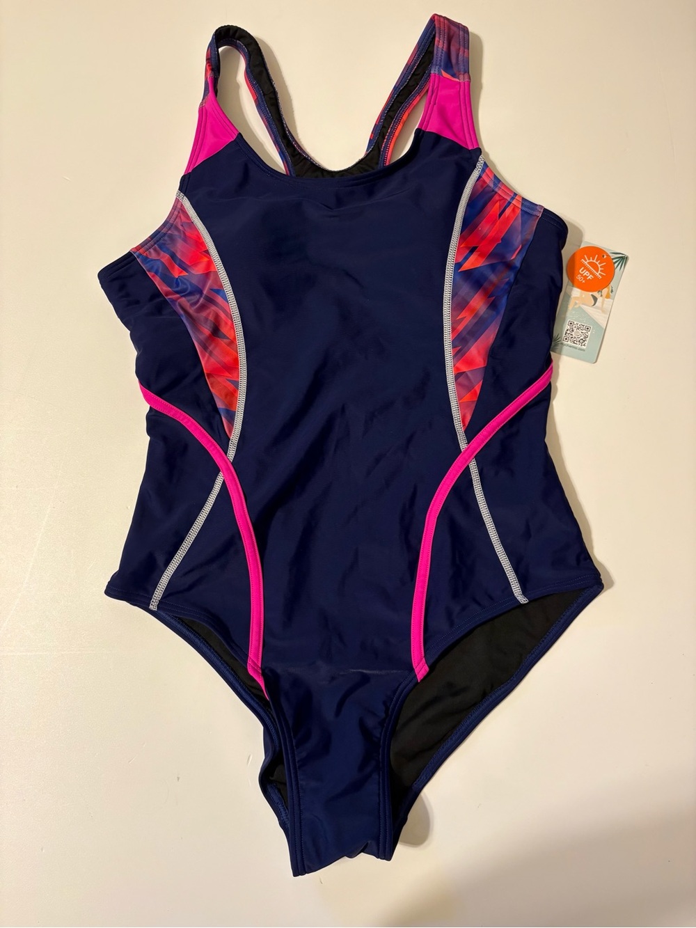 Women’s One-Piece Swimsuit - Navy with Pink Accents